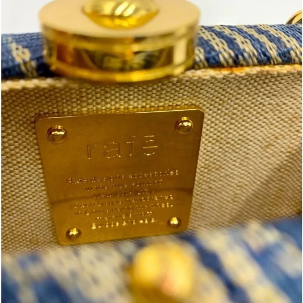 Auth Rafe Minaudière Beaded Boho Canvas Box Clutch Gold-Tone Chainlink Strap
